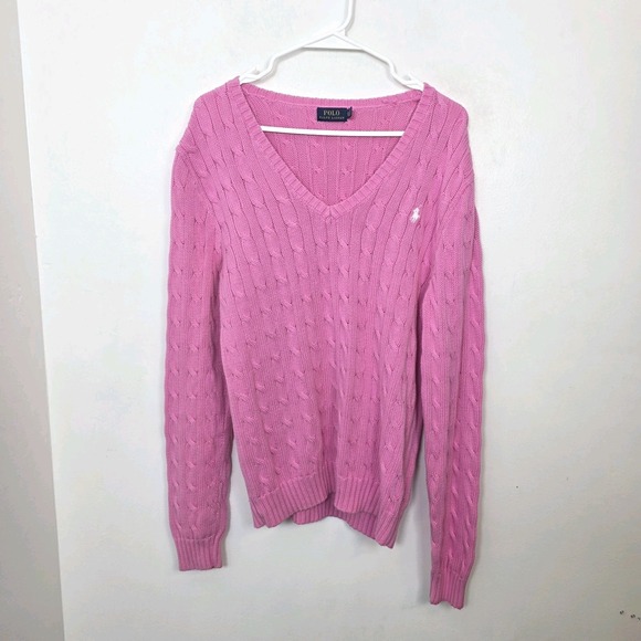 Ralph Lauren Sweaters - Polo Ralph Lauren Pink Cable Knit V-Neck Preppy Old Money Sweater Size XL